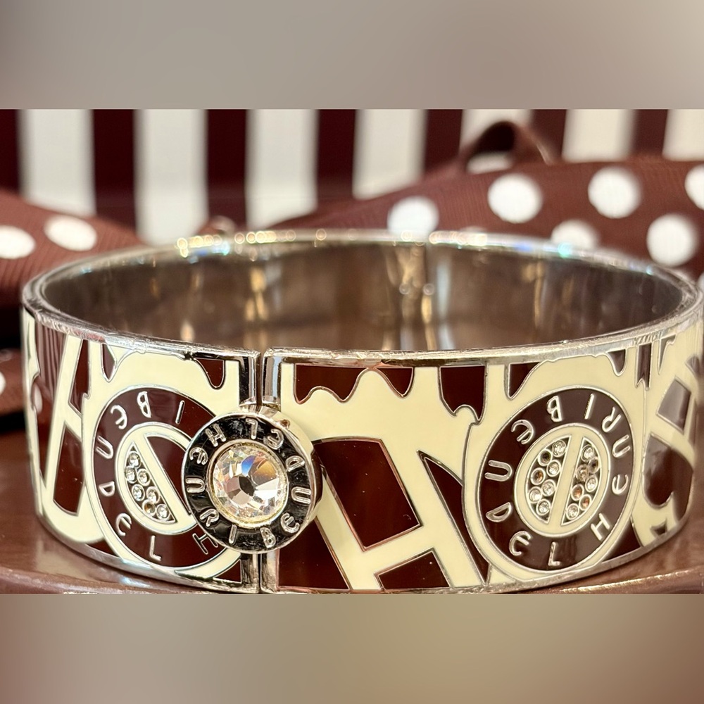 HENRI BENDEL Cream and Brown Enamel Logo Bangle Cuff w/Gold Accents & Crystals - Picture 5 of 16